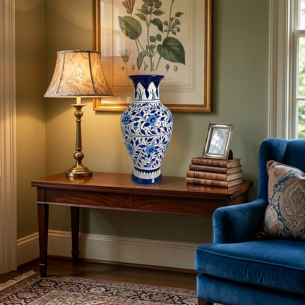 Handmade Multani Blue Pottery Vase (Large) – Traditional Floral Ceramic Home Decor (Each)
