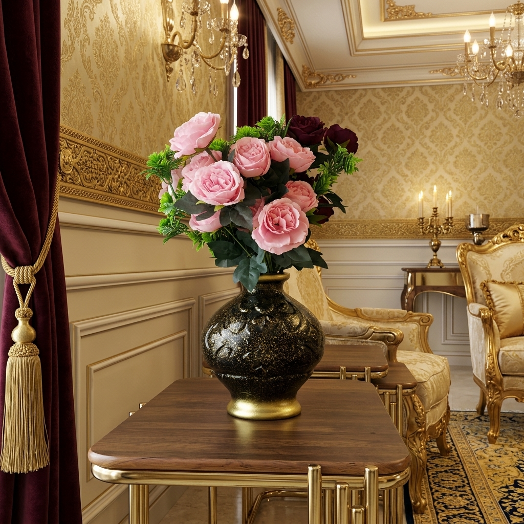 Black and Gold Ceramic Vase with Artificial Flowers (Each)