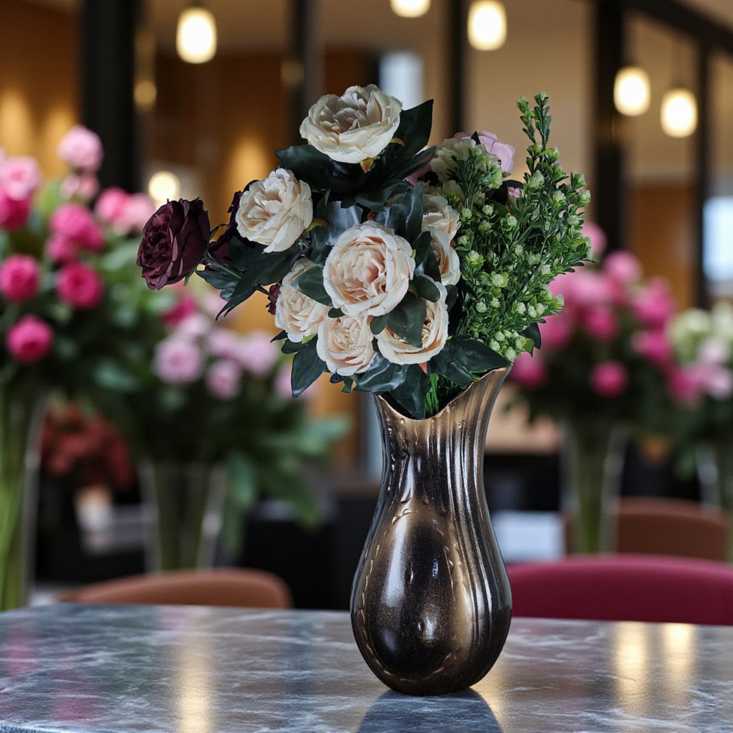 Modern Curved Bronze Ceramic Vase with Artificial Flowers (Each)