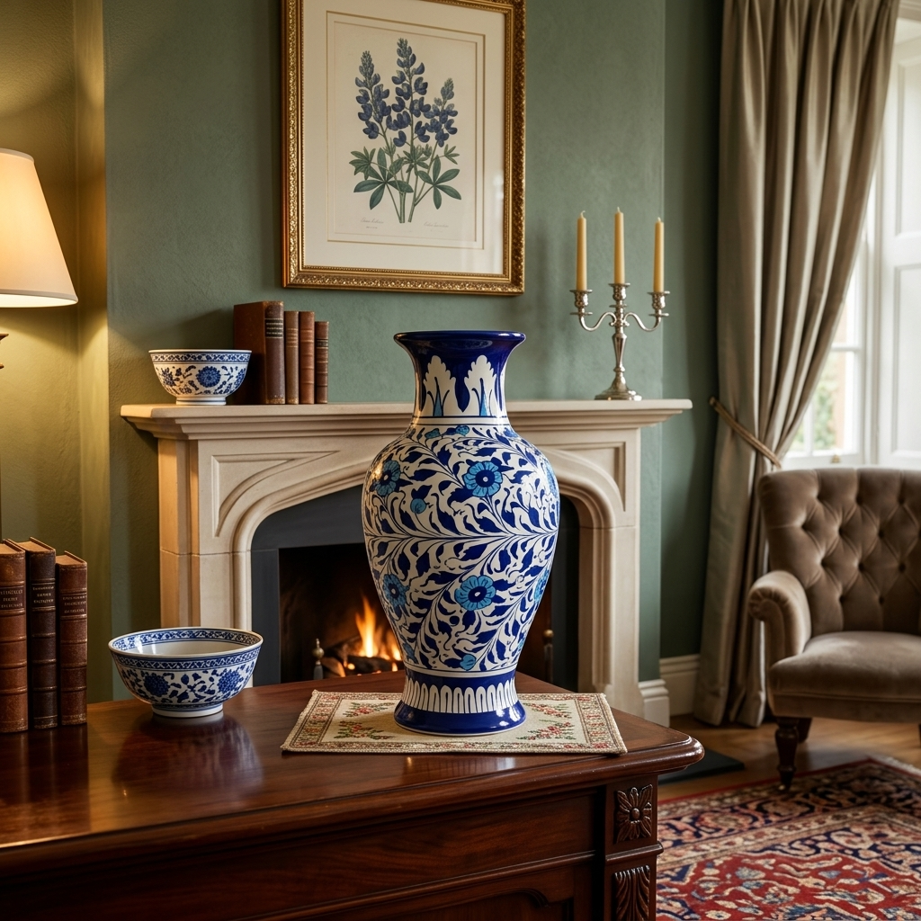 Handmade Multani Blue Pottery Vase (Large) – Traditional Floral Ceramic Home Decor (Each)