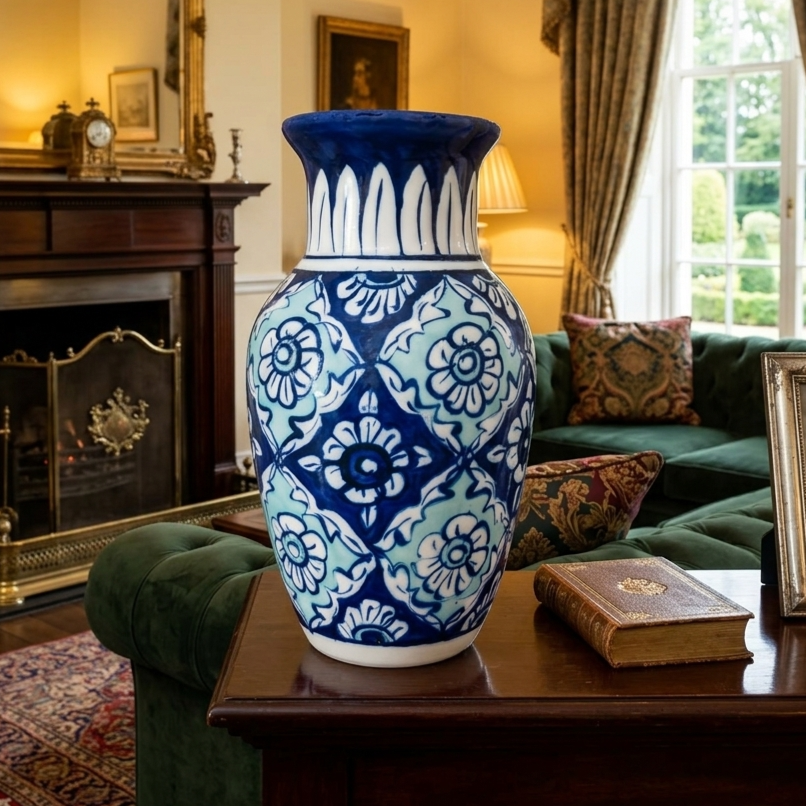 Handmade Multani Blue Pottery Vase (Small) – Traditional Floral Ceramic Home Decor (Each)
