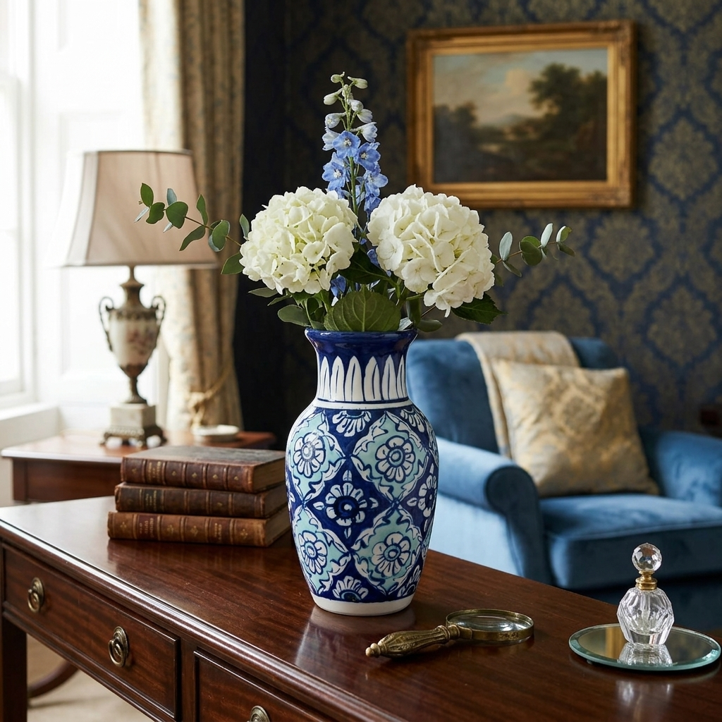 Handmade Multani Blue Pottery Vase (Small) – Traditional Floral Ceramic Home Decor (Each)