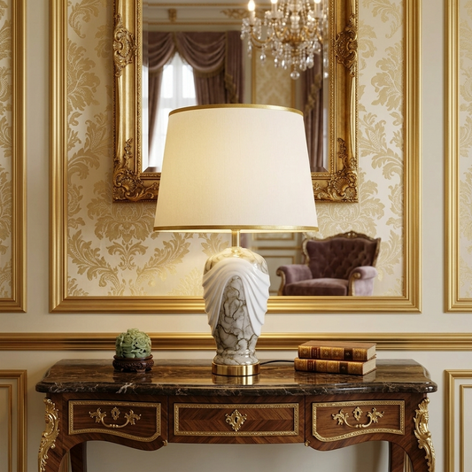 Modern Luxe Ceramic Lamp in White Marble Finish (Pair)