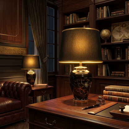 Elegant Black Ceramic Table Lamp with Golden Accents (Pair)