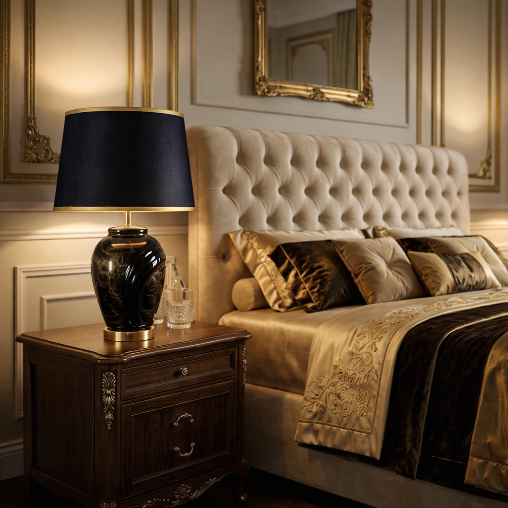 Elegant Black Ceramic Table Lamp with Golden Accents (Pair)