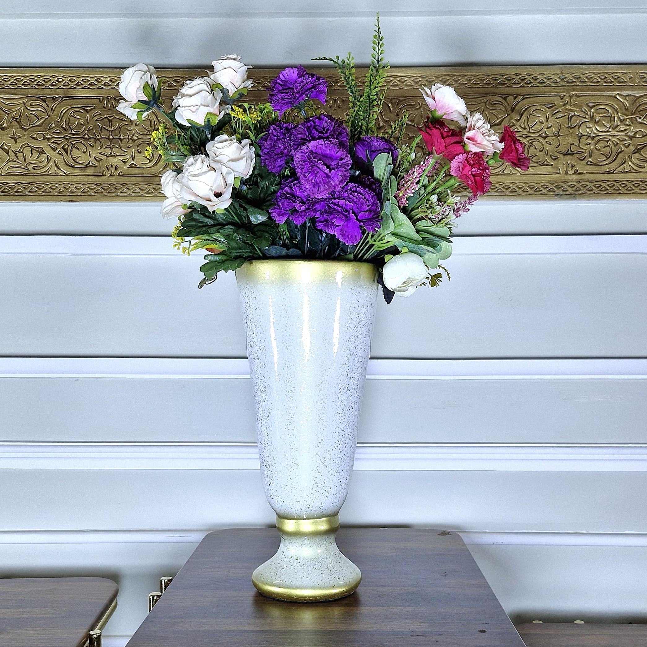 Glossy White Ceramic Vase with Gold Trim (Each)