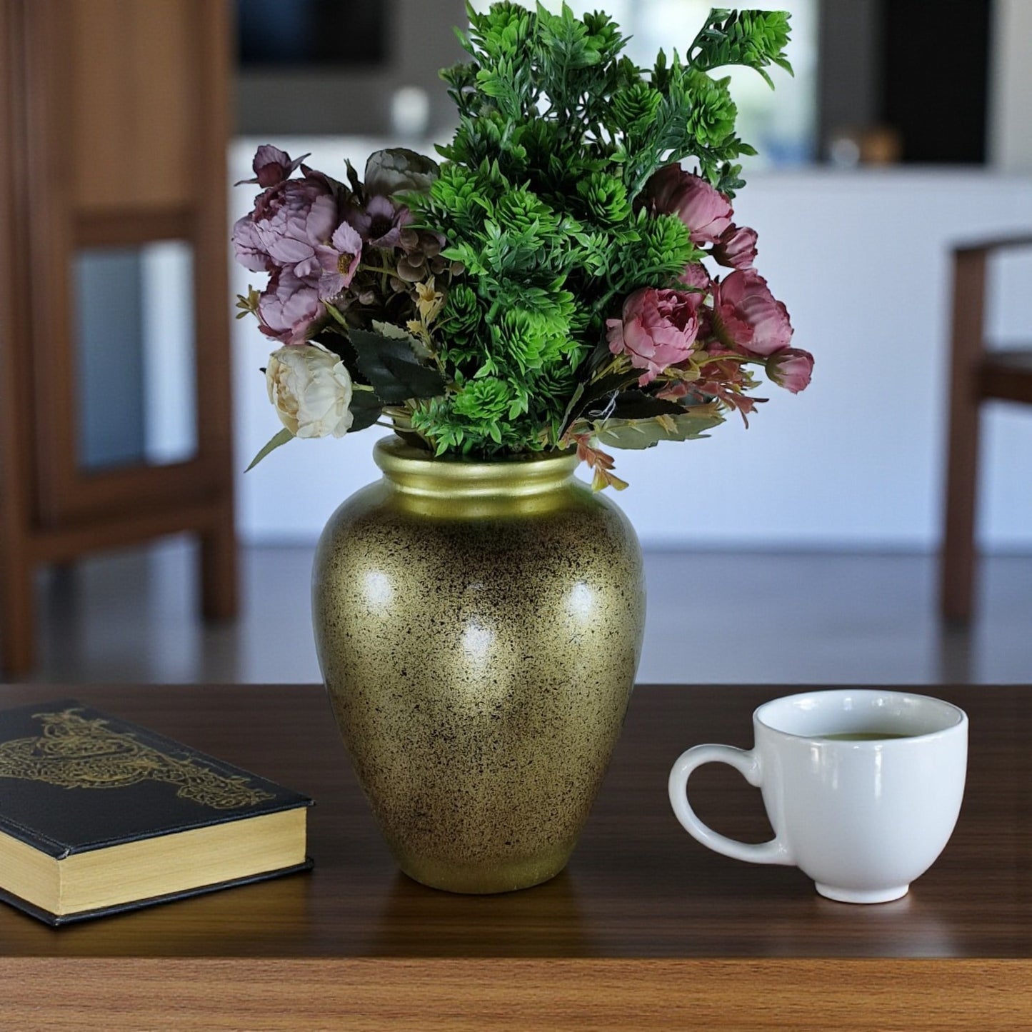 Handcrafted Ceramic Gold Vase with Artificial Flowers (Each)