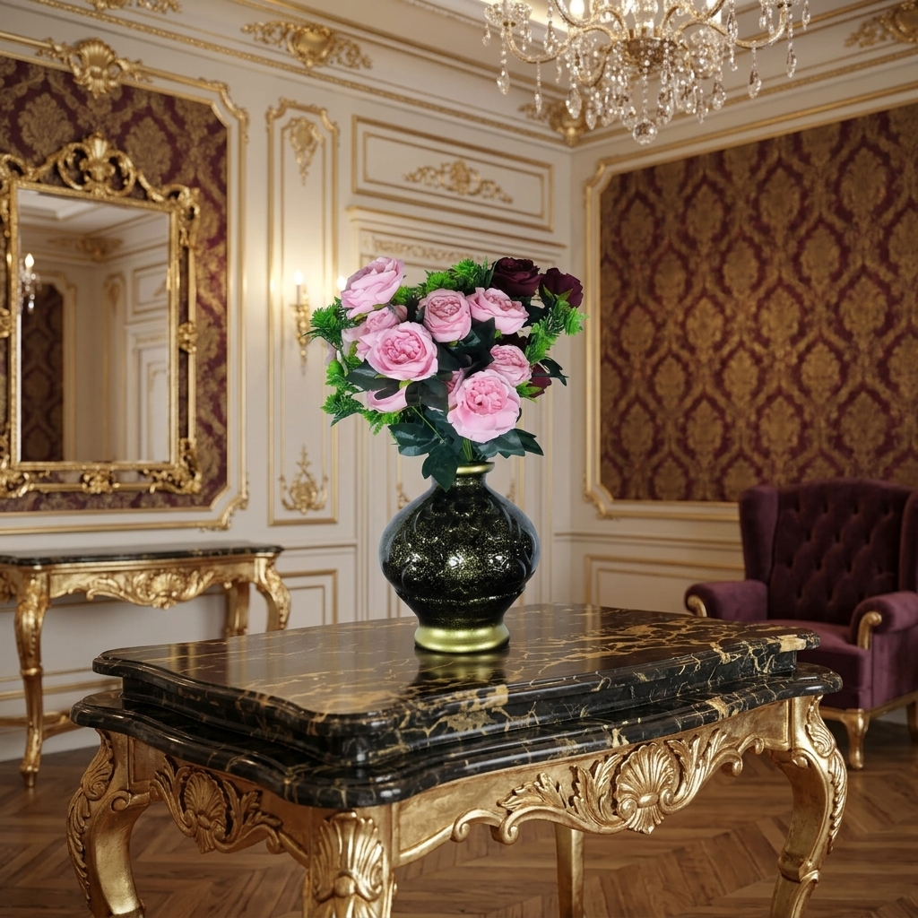 Black and Gold Ceramic Vase with Artificial Flowers (Each)