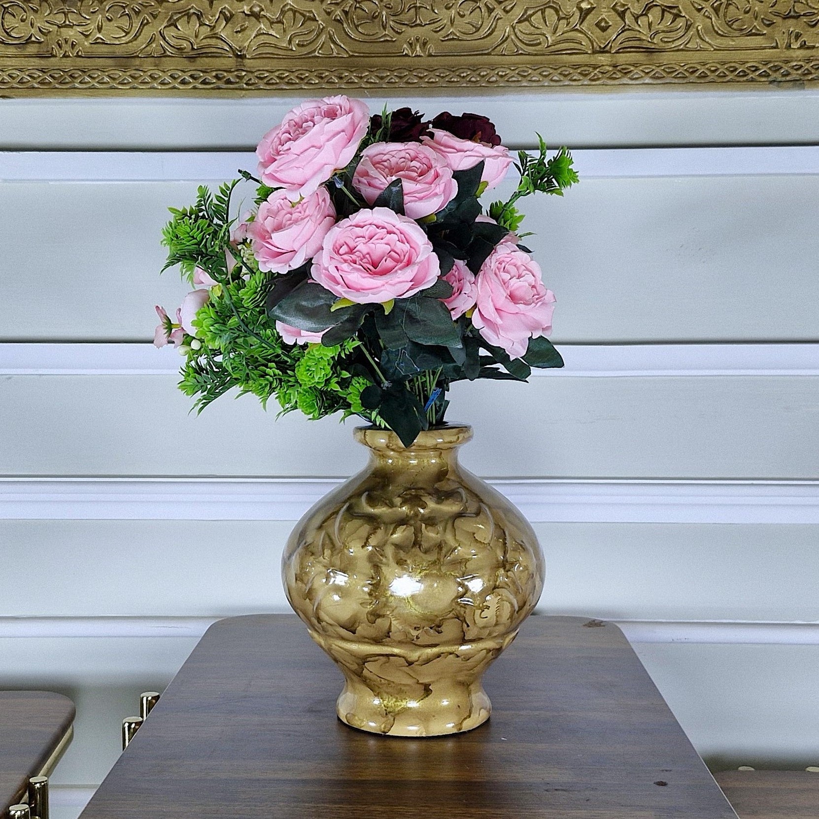 Glossy Gold Patterned Ceramic Vase with Artificial Flowers (Each)