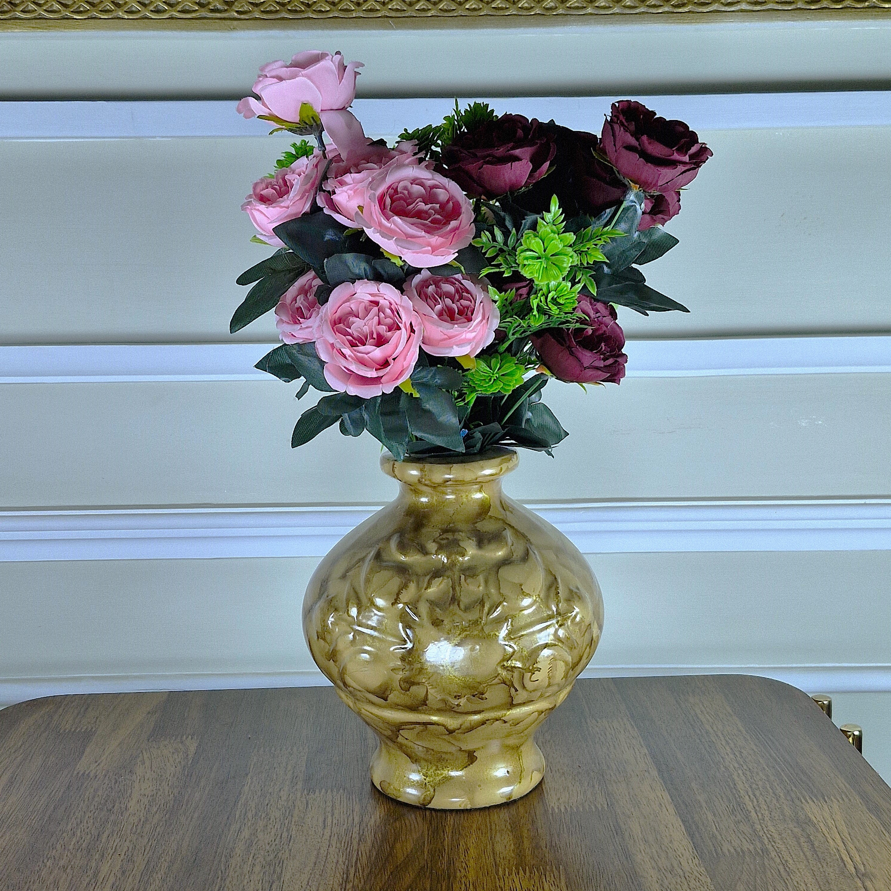 Glossy Gold Patterned Ceramic Vase with Artificial Flowers (Each)