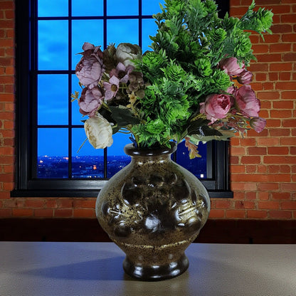 Handcrafted Ceramic Vase - Antique Brown Finish with Artificial Flowers (Each)