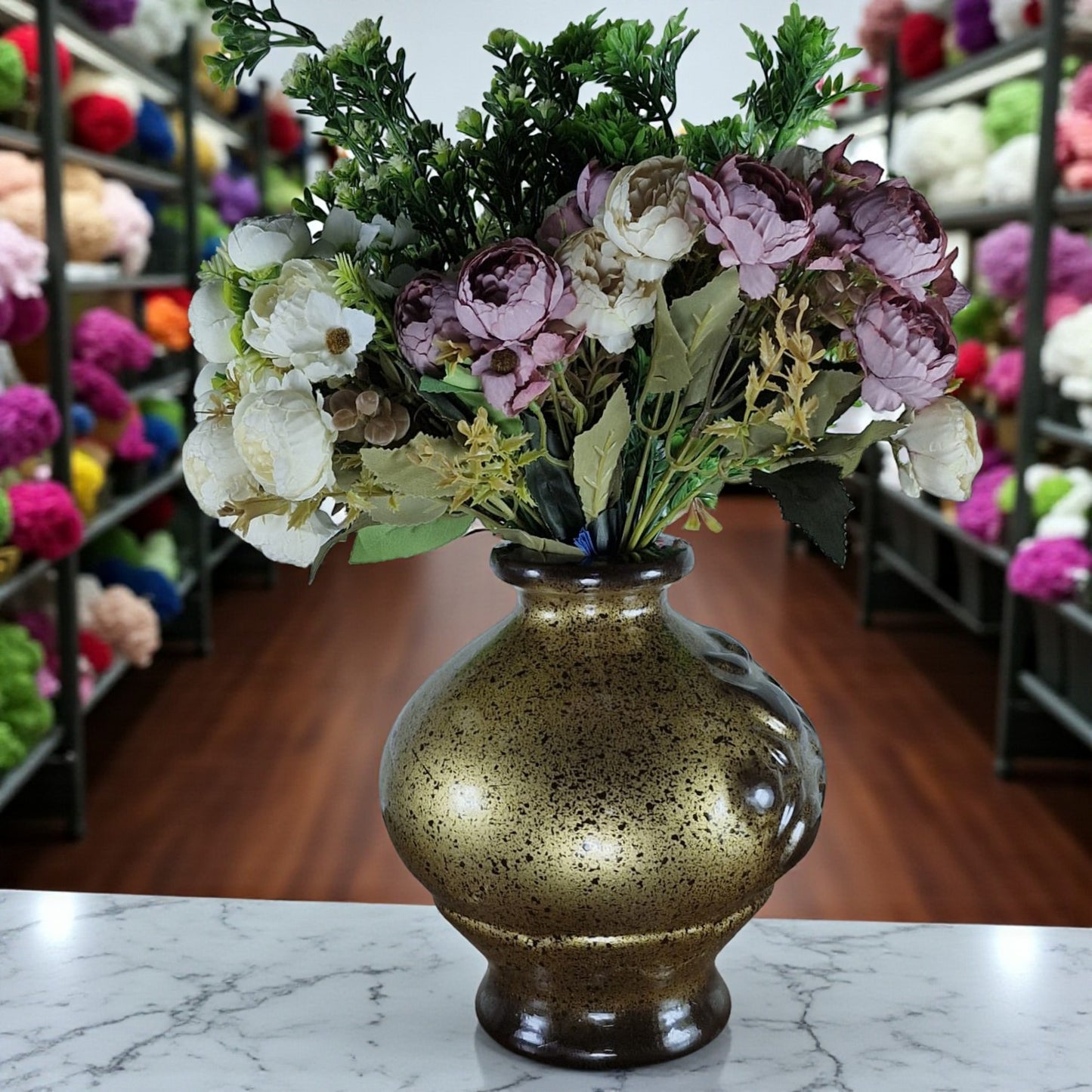 Handcrafted Ceramic Vase - Antique Brown Finish with Artificial Flowers (Each)