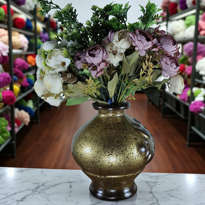 Handcrafted Ceramic Vase - Antique Brown Finish with Artificial Flowers (Each)