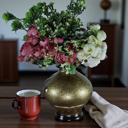 Handcrafted Ceramic Vase - Antique Brown Finish with Artificial Flowers (Each)