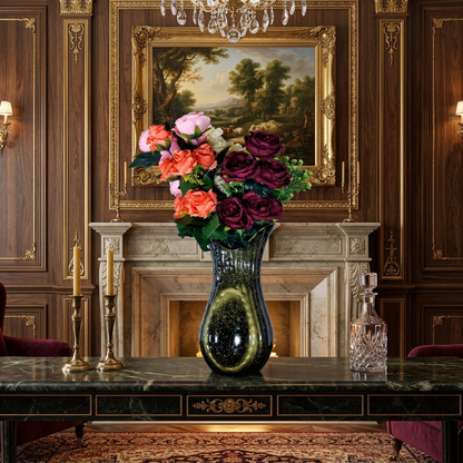 Glossy Black and Gold Ceramic Vase with Artificial Flowers (Each)