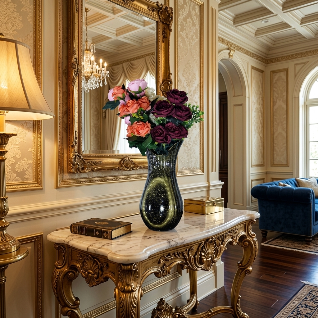 Glossy Black and Gold Ceramic Vase with Artificial Flowers (Each)