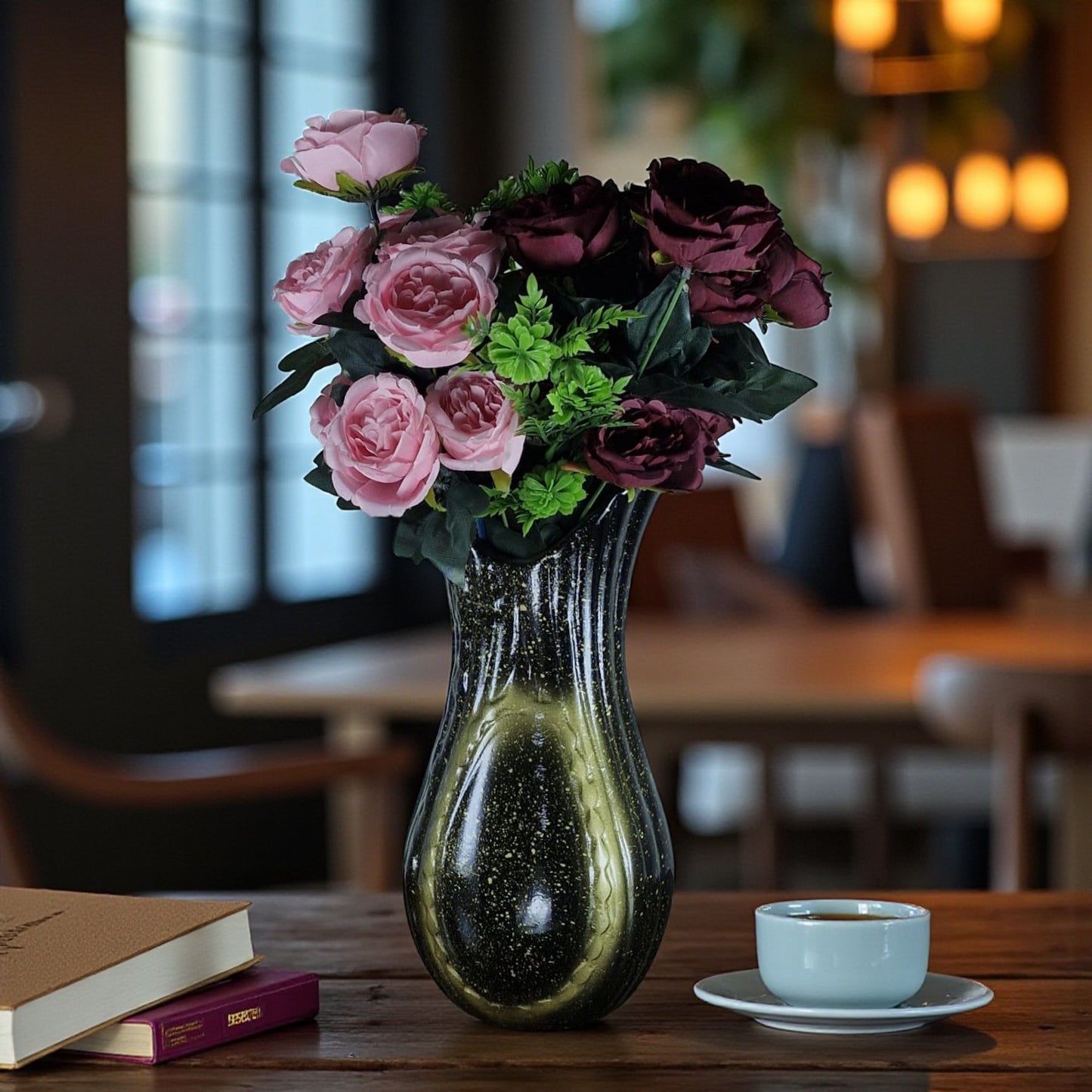 Glossy Black and Gold Ceramic Vase with Artificial Flowers (Each)