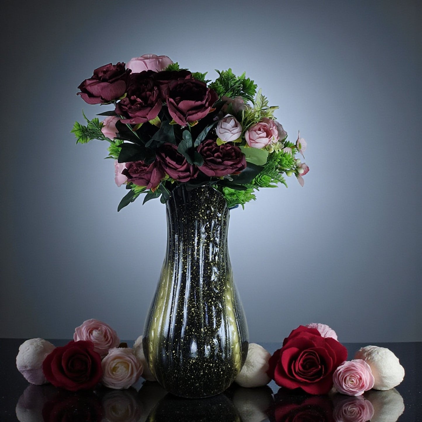 Glossy Black and Gold Ceramic Vase with Artificial Flowers (Each)