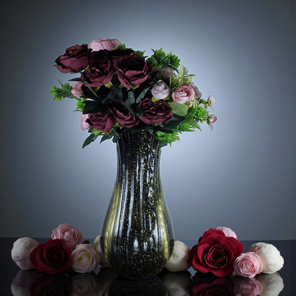 Glossy Black and Gold Ceramic Vase with Artificial Flowers (Each)