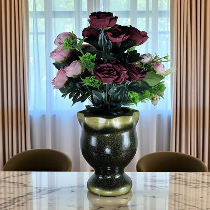 Glossy Black & Gold Ceramic Vase with Artificial Flowers (Each)