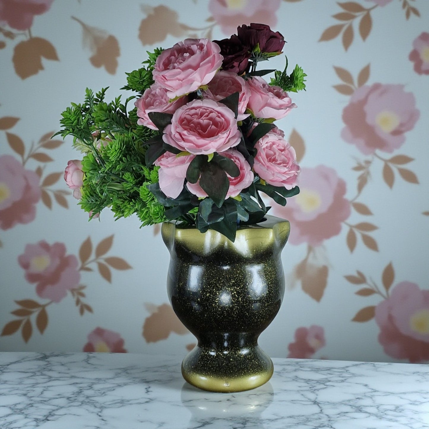 Glossy Black & Gold Ceramic Vase with Artificial Flowers (Each)