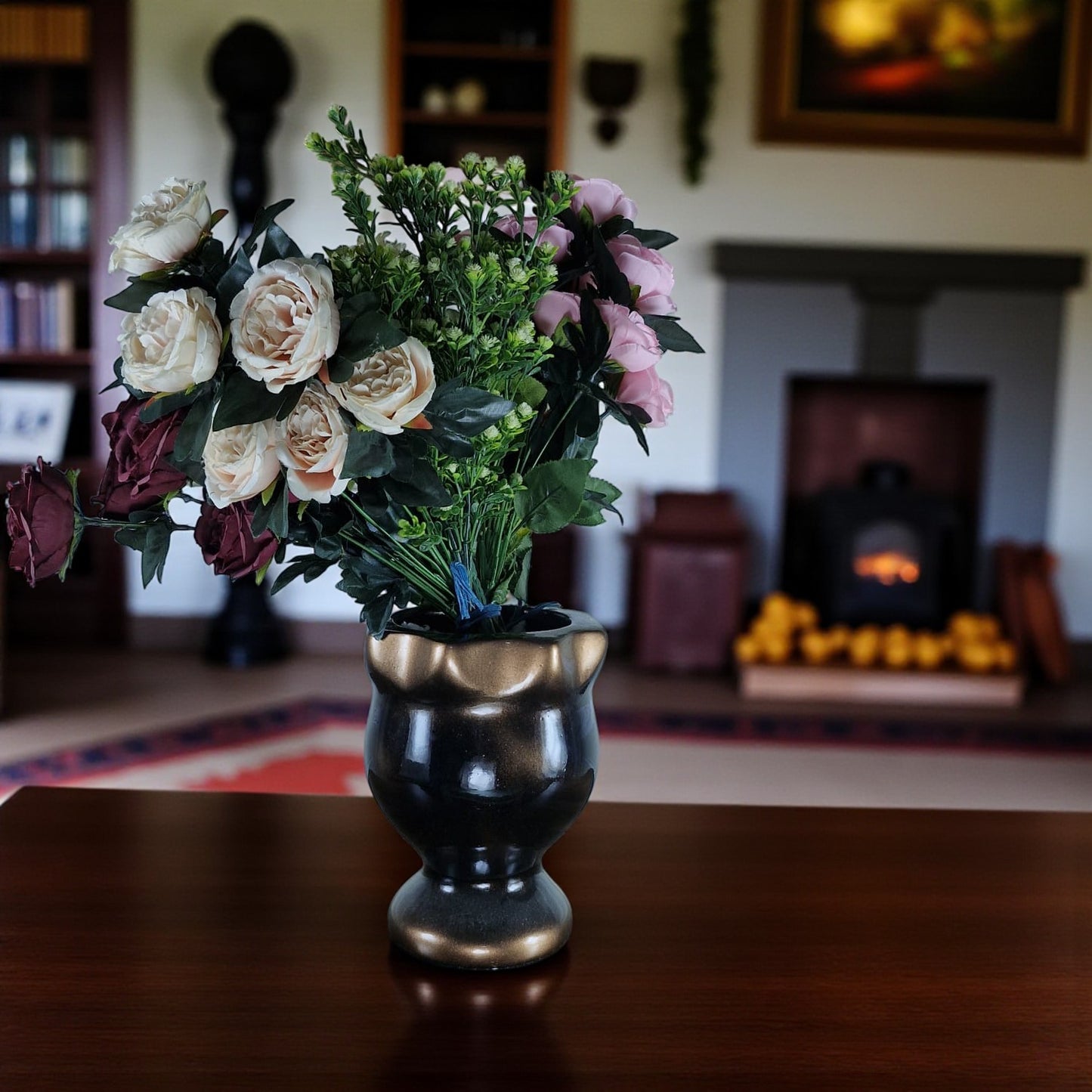 Black and Bronze Ceramic Vase with Artificial Flowers (Each)