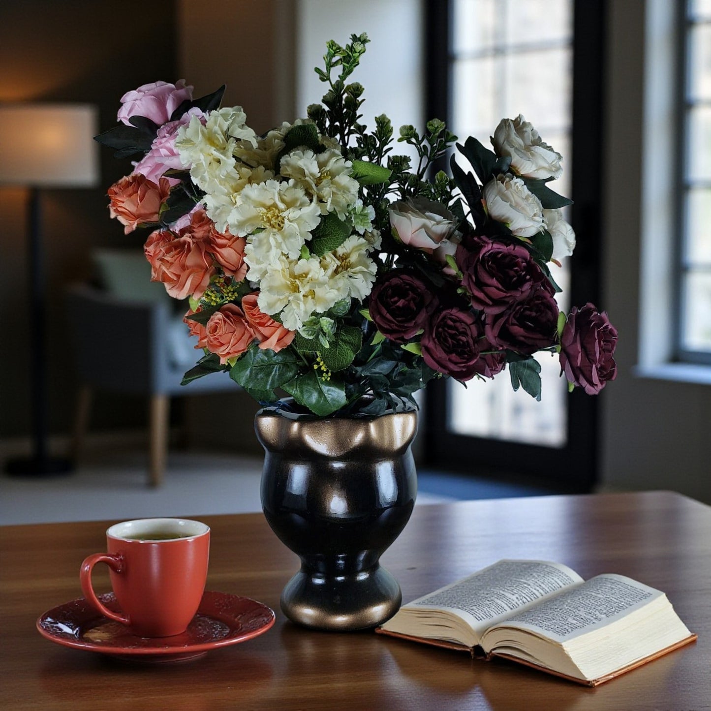 Black and Bronze Ceramic Vase with Artificial Flowers (Each)