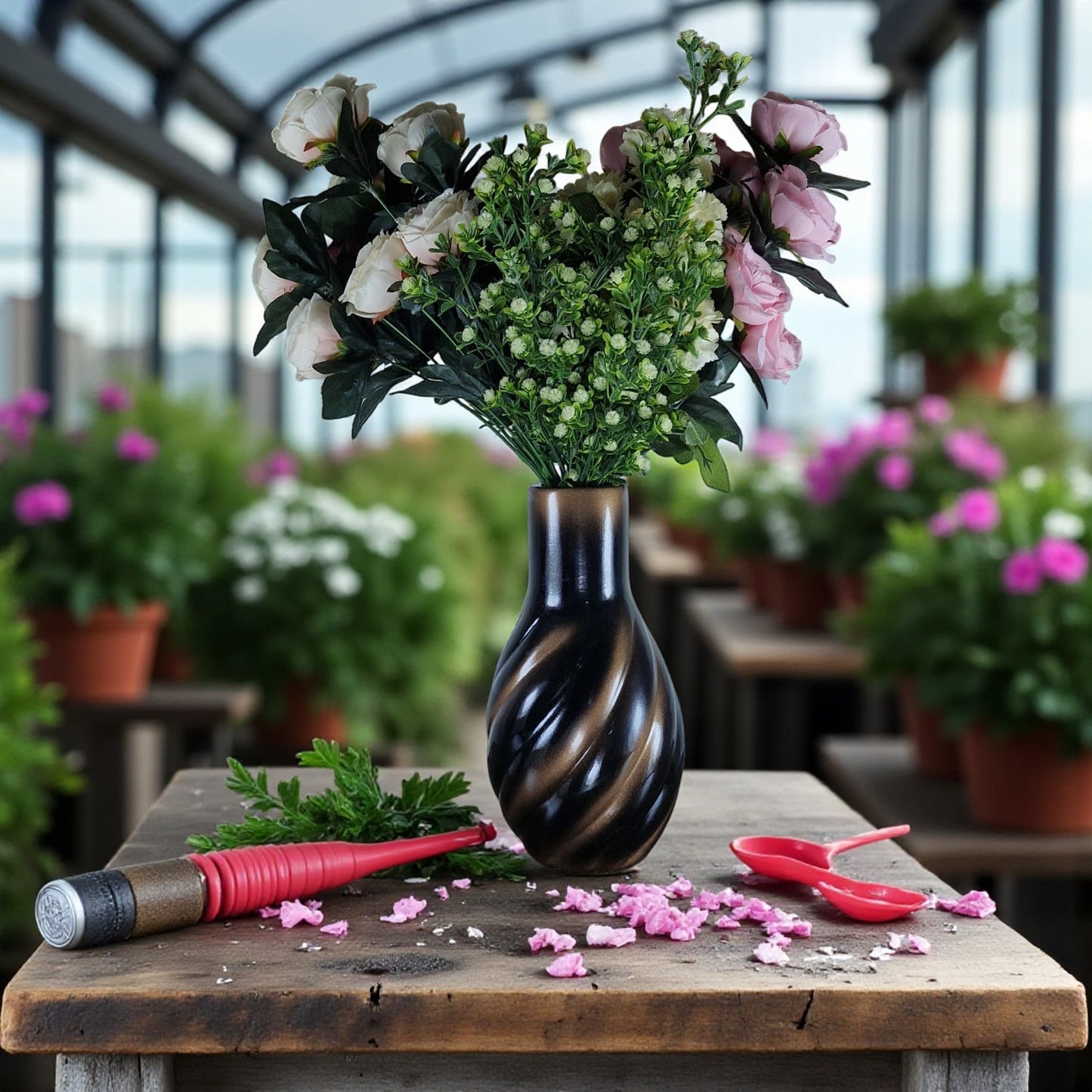 Mystic Swirl Handcrafted Ceramic Vase with Artificial Flowers (Each)